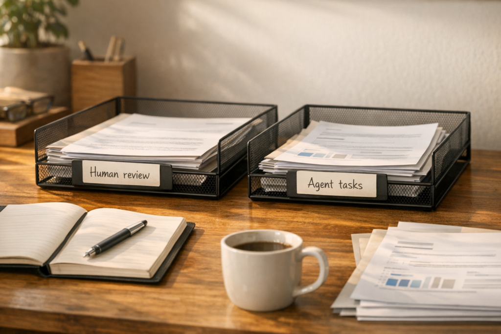 A calm office desk with a paper folder labeled human work beside a clean tray labeled agent work, showing practical AI task handoff planning.