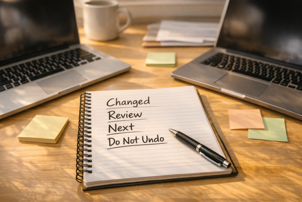 A calm office desk with two laptops, a shared notebook, and highlighted handoff notes representing AI agent workflow continuity.