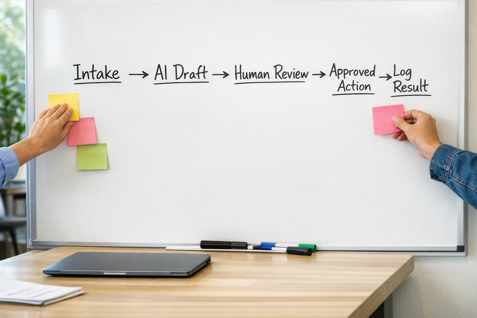 A team workspace with a whiteboard sketch showing an AI assistant step handing work to a human approval step.