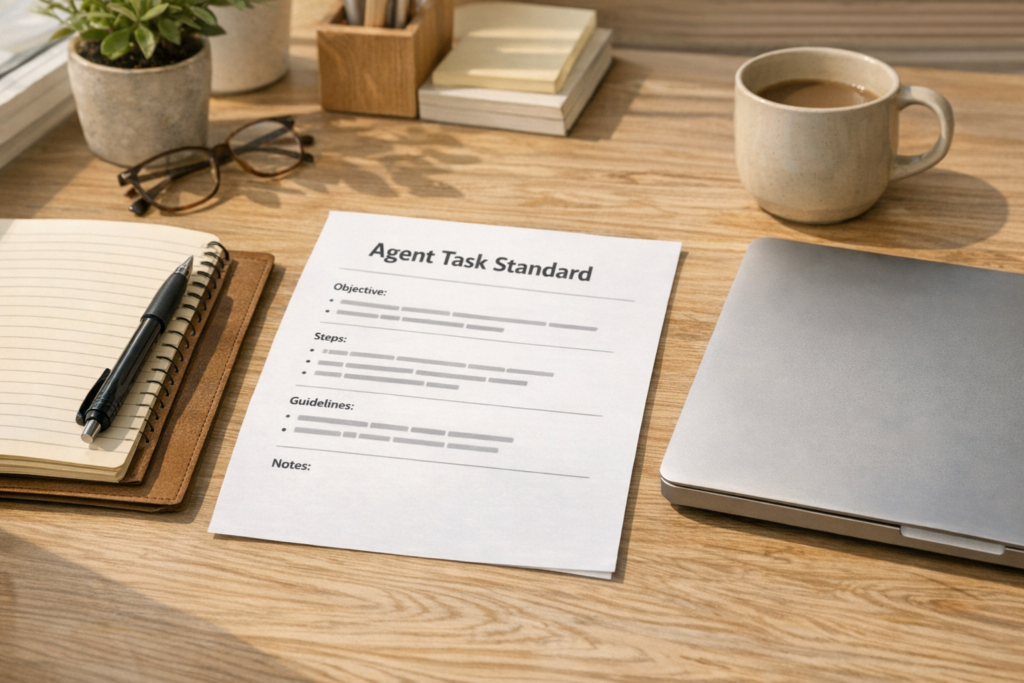 A calm office desk with a printed instruction sheet, notebook, and laptop representing clear AI agent workflow standards.