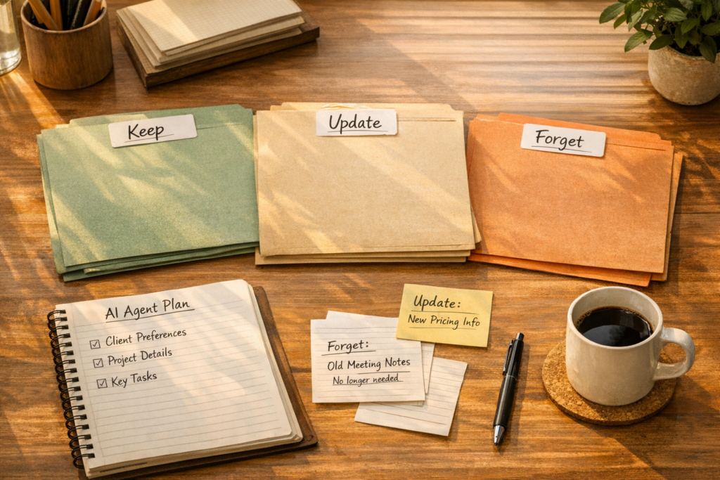 A calm office desk with labeled folders, notes, and a small lamp representing organized AI agent memory.