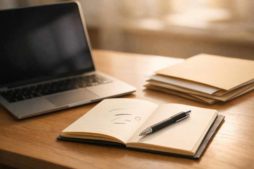 A calm office desk with a laptop, notebook, and neatly arranged work items showing the idea of an AI agent handling operational tasks.