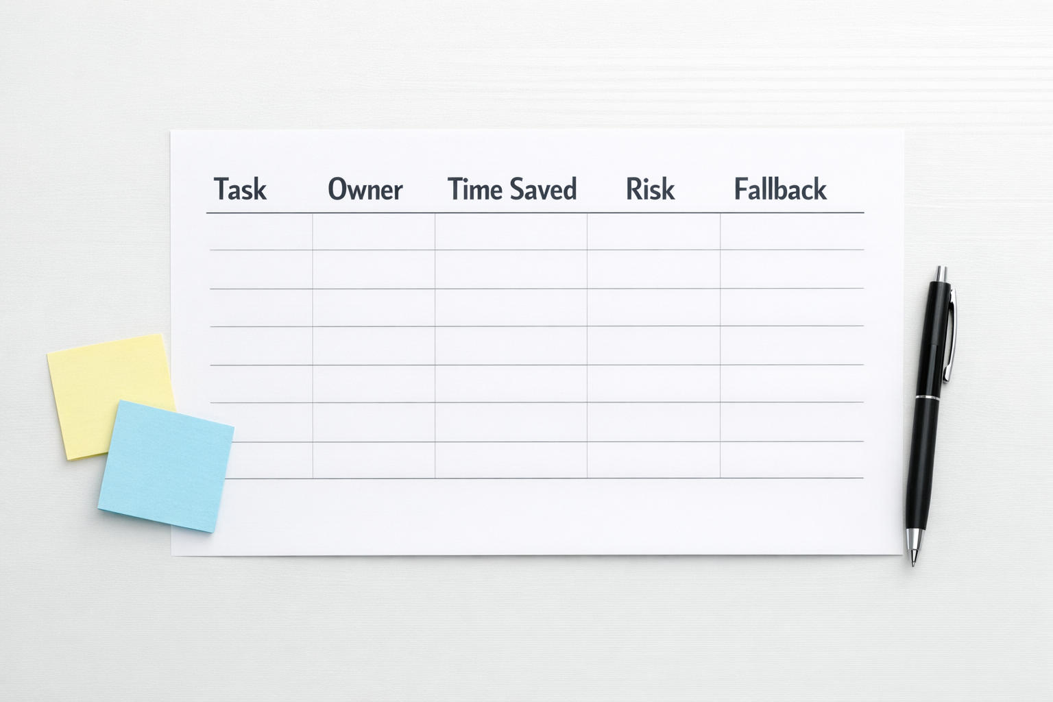 A printed worksheet for evaluating AI agent ROI with simple sections for task, owner, time saved, risk, and fallback.