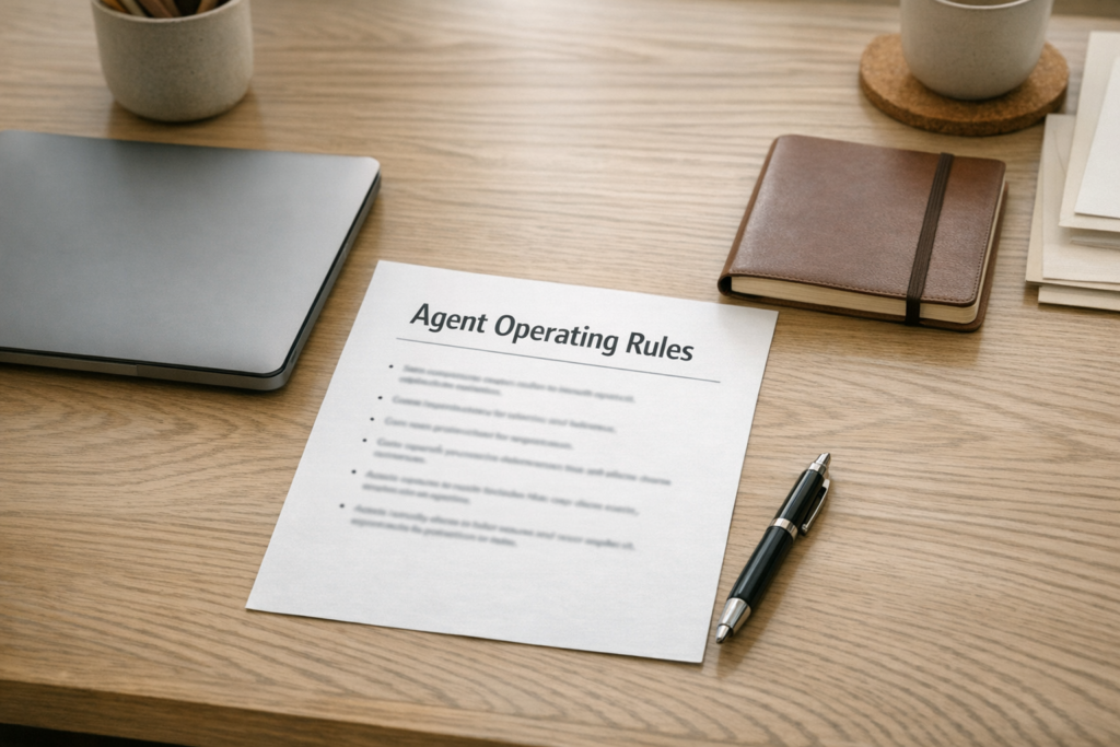 A calm office desk with printed operating rules for an AI agent beside a laptop and notebook