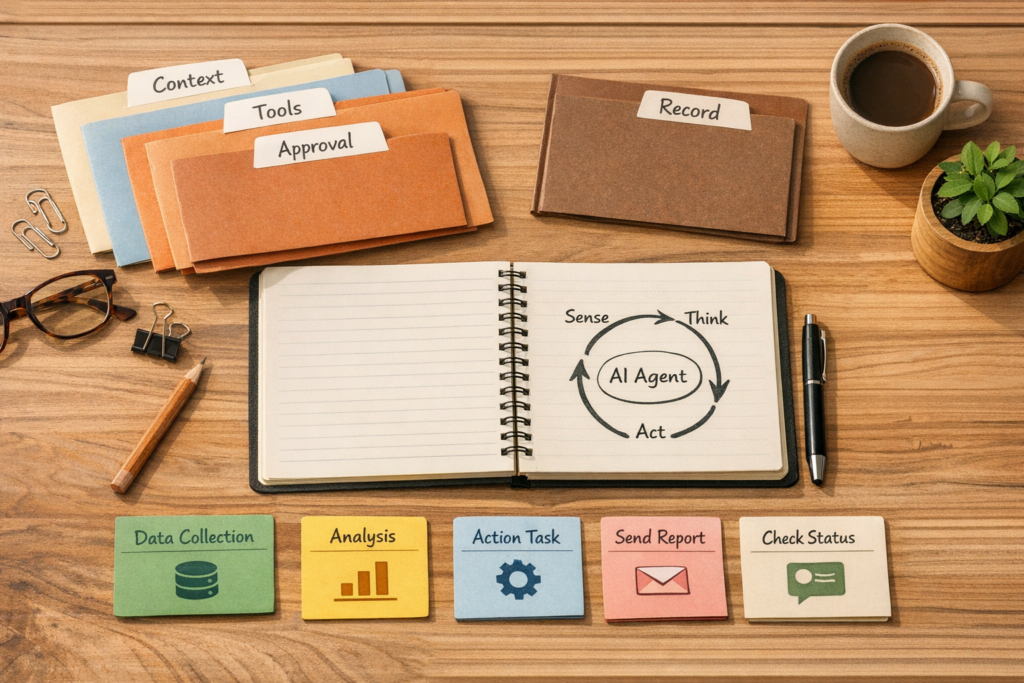 A calm office desk with a notebook, labeled folders, and task cards representing an AI agent workflow with controlled actions.