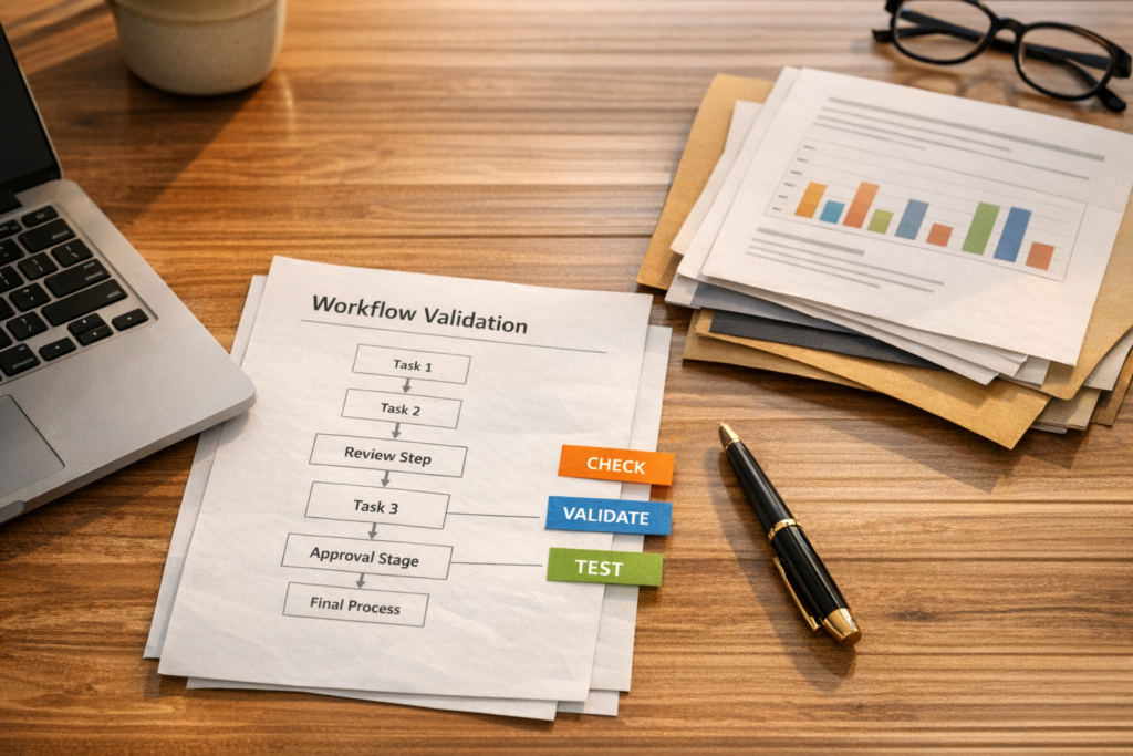 A calm office desk with printed workflow notes, a laptop, and marked review points for validating AI agent outputs.