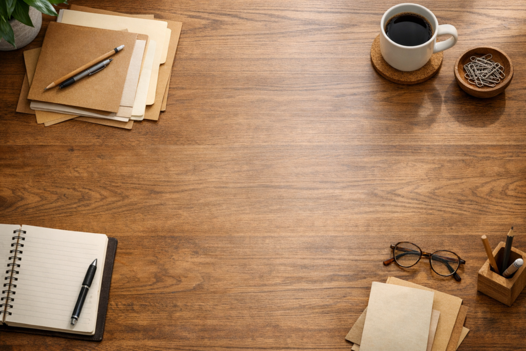 A calm office desk with folders, a notebook, and a cleared space representing work removed by an AI agent