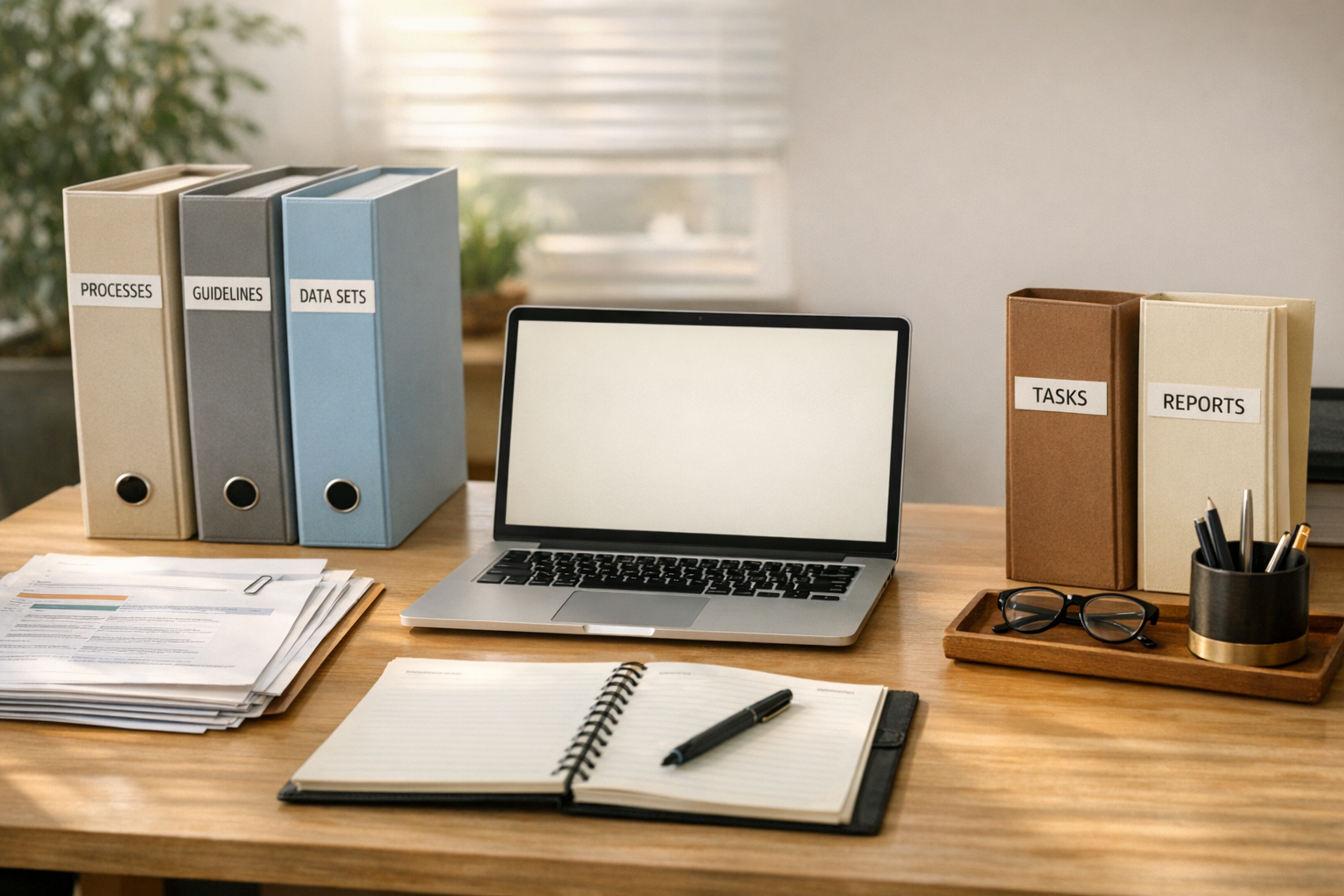 A calm office desk with papers, sticky notes, and a laptop representing practical AI agent planning.