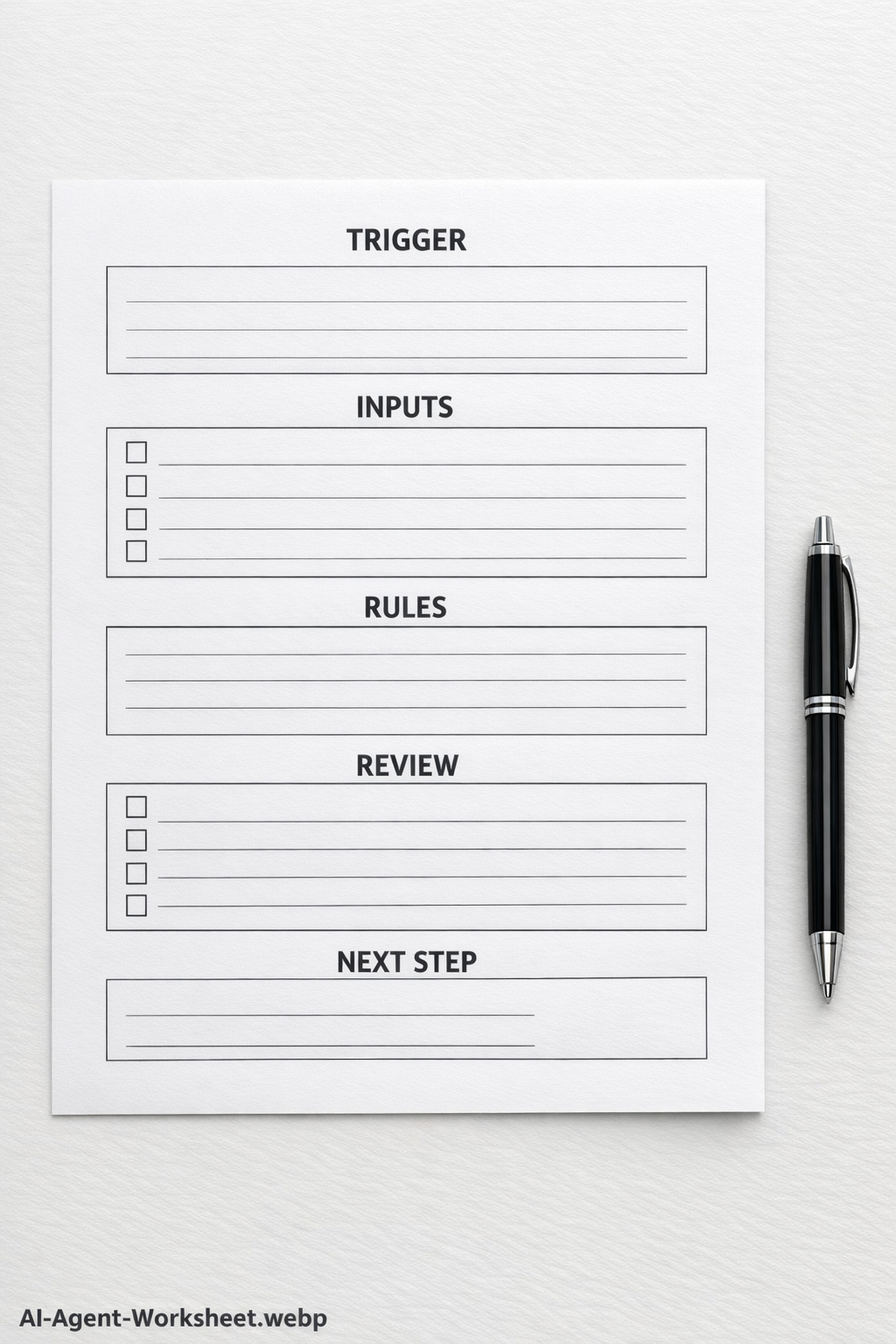 A simple printed worksheet for defining an AI agent with sections for inputs, rules, review points, and next steps.