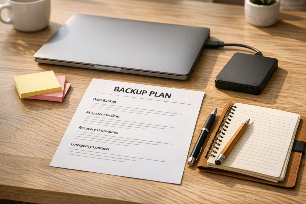 A calm office desk with a laptop, printed backup plan, notebook, and external drive representing AI workflow continuity.