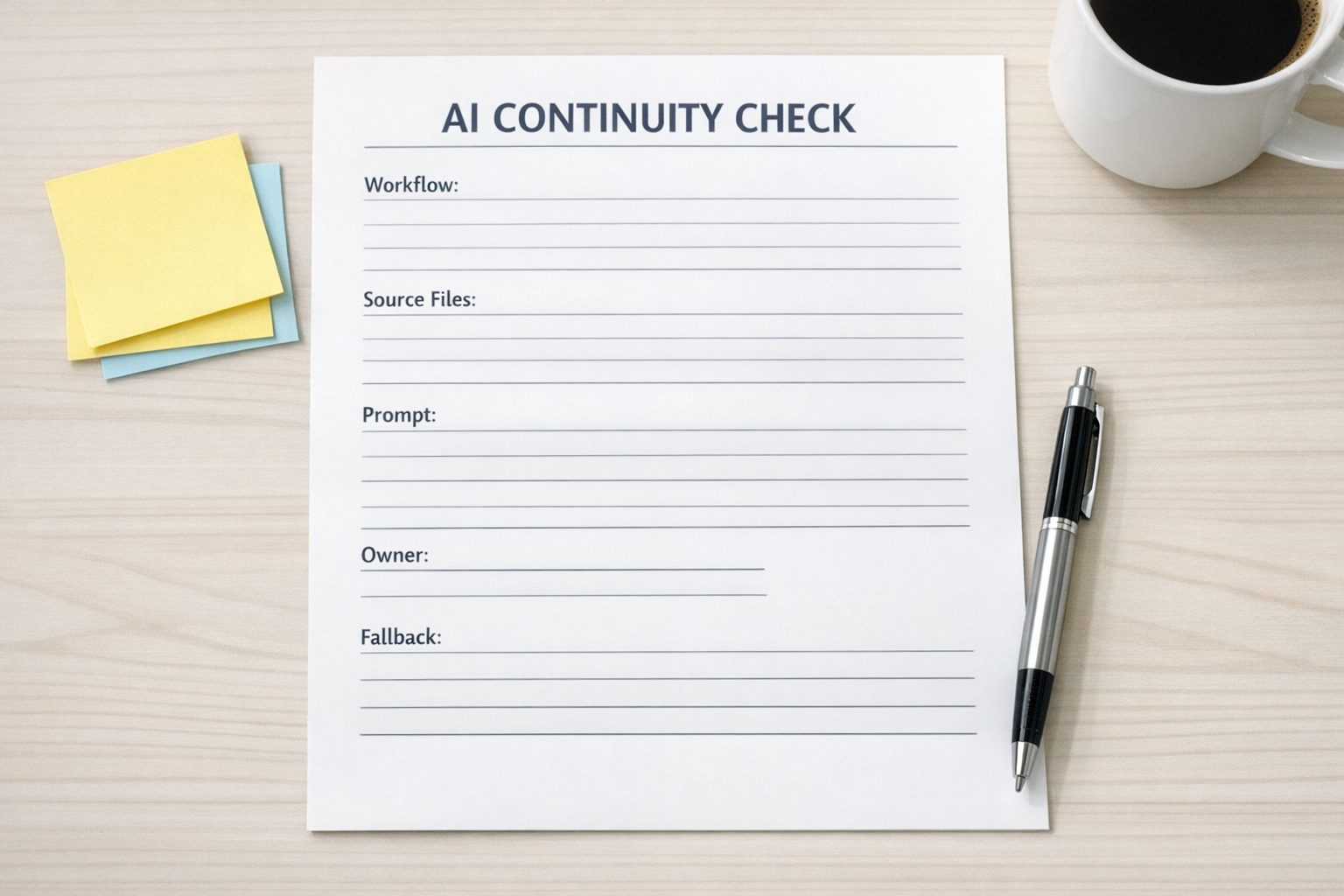 A printed AI continuity worksheet with sections for workflow, source files, prompts, owner, and fallback steps.