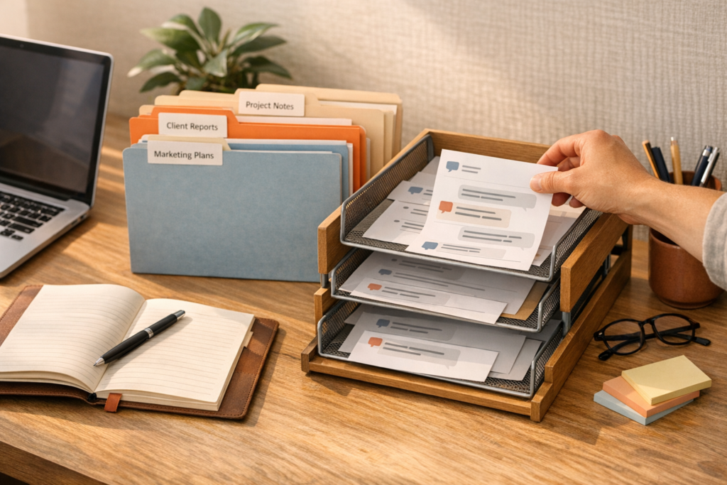 A calm office desk with organized folders, notes, and a laptop representing AI conversations being stored in the right business system.