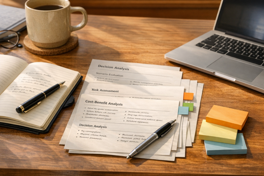 A calm office desk with printed decision notes, marked tradeoffs, and a laptop showing a simple business question without readable screen details.