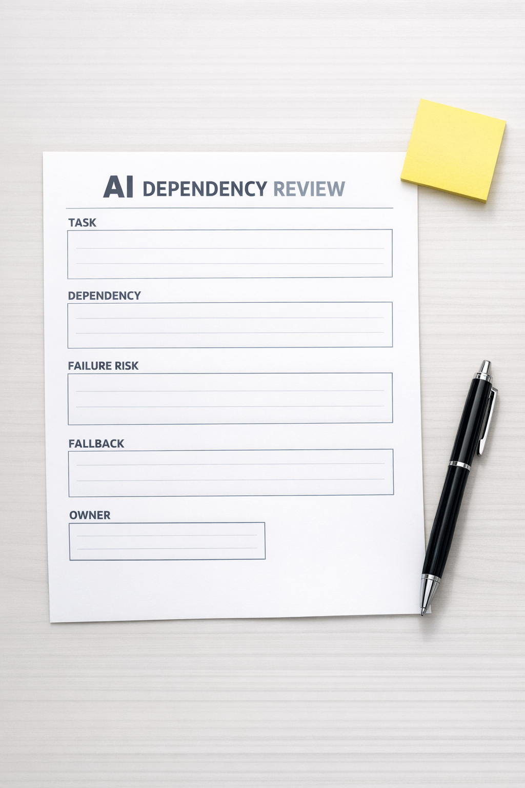 A printed AI dependency worksheet with sections for task, risk, fallback, owner, and data sensitivity.