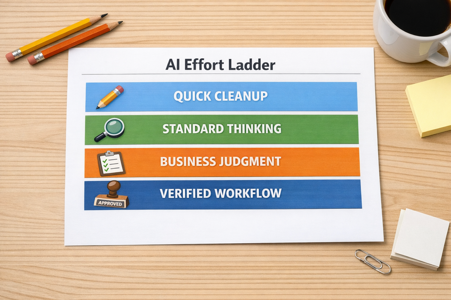 A printed worksheet showing a simple AI workflow effort ladder for choosing the right level of reasoning and validation.
