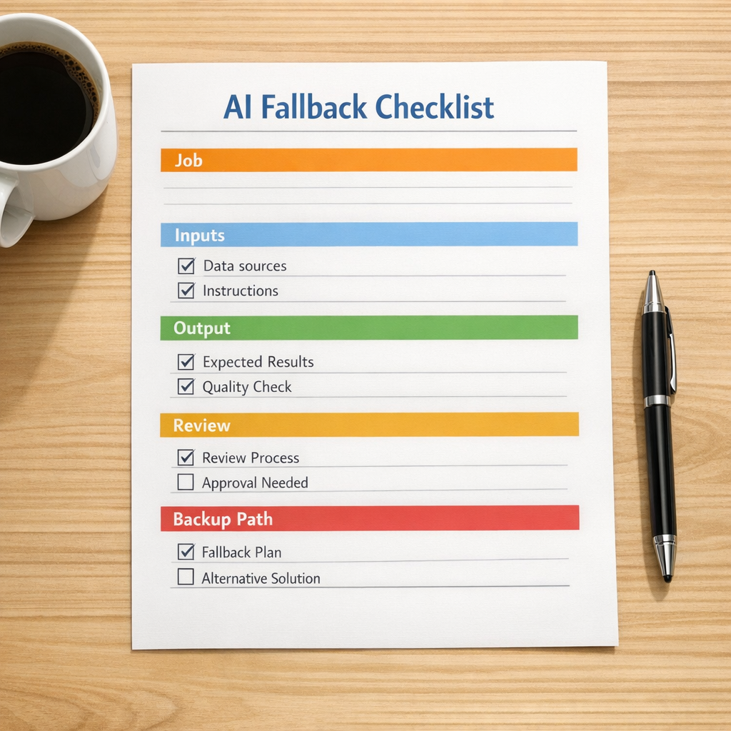 A printed worksheet for planning AI workflow fallbacks with sections for job, inputs, output, review, and backup path