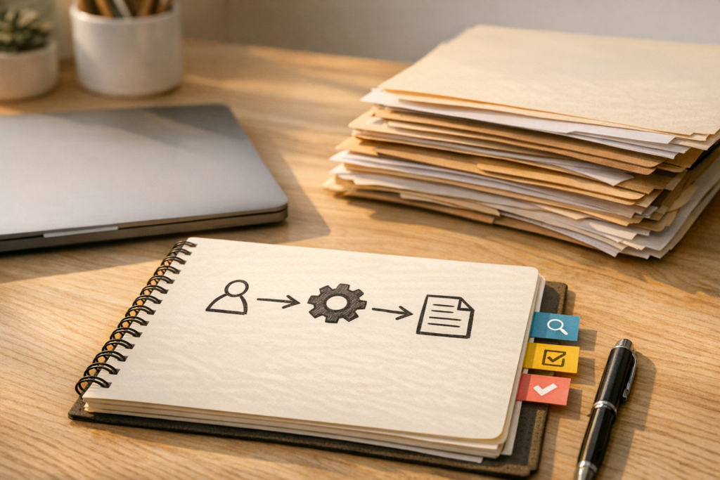 A calm office desk with paper folders, a laptop, and colored handoff markers showing organized work moving between people and AI.