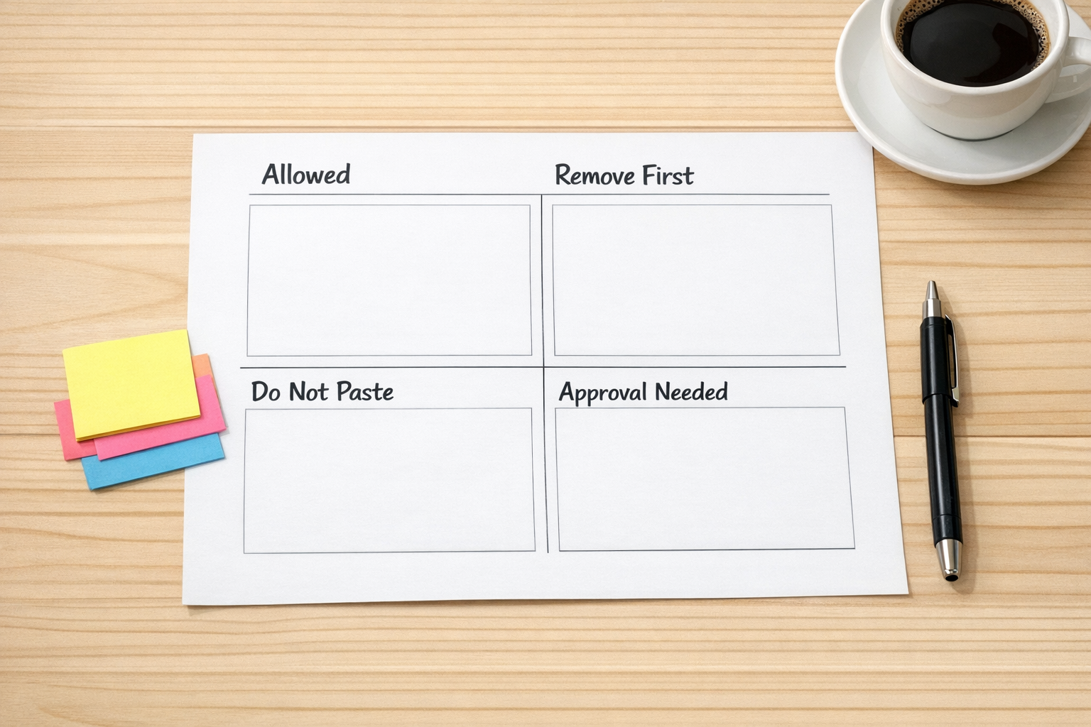 A printed AI input checklist worksheet on a desk with sections for allowed data, restricted data, anonymization, and approval.