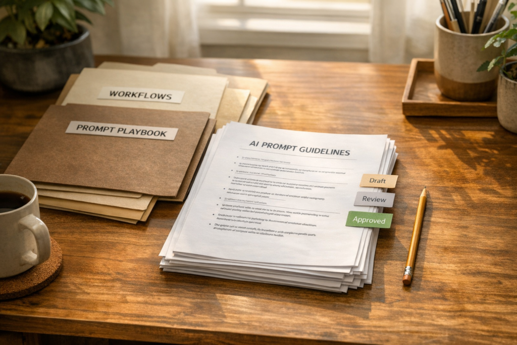 A calm office desk with printed AI instructions, folders, and version labels arranged as a clear source of truth.