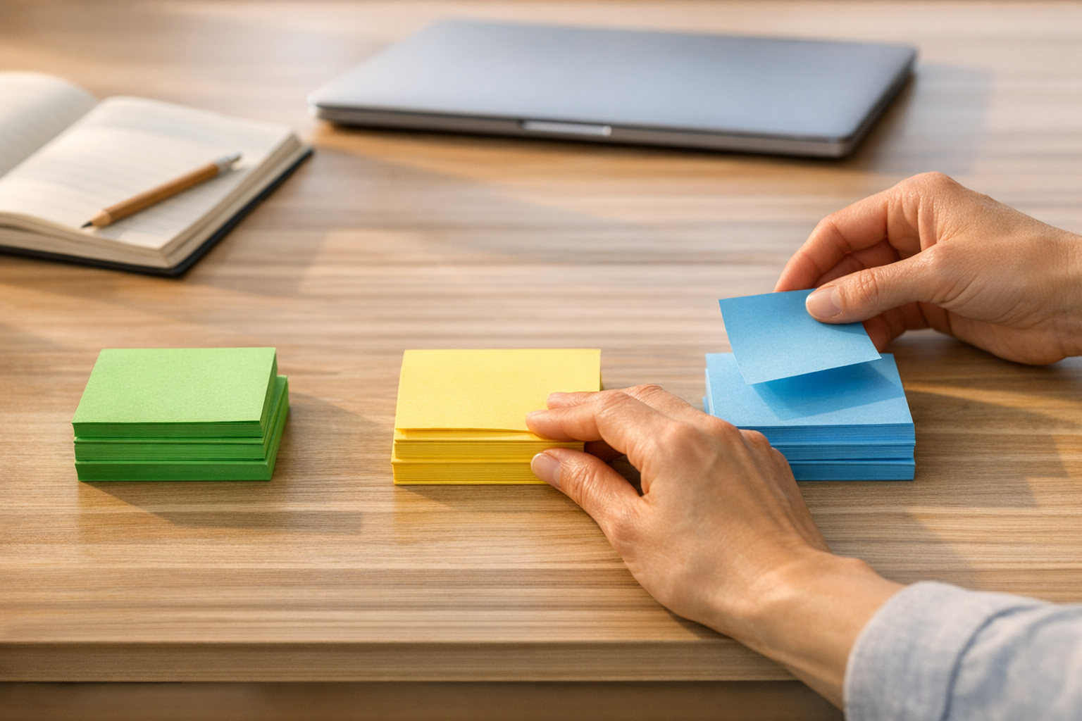 A tidy office desk with paper notes being sorted into keep, review, and archive piles, representing AI agent memory maintenance.