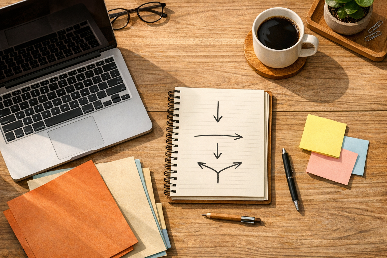 A calm office desk with organized folders, notes, and a laptop suggesting AI work moving from ideas into operations.