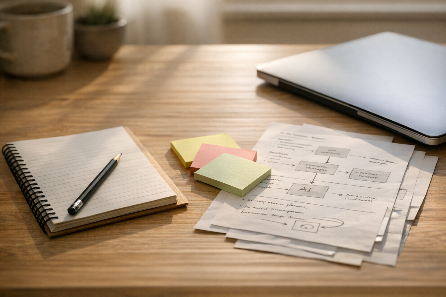 A calm office desk with notebooks, sticky notes, and printed workflow notes about using AI in operations