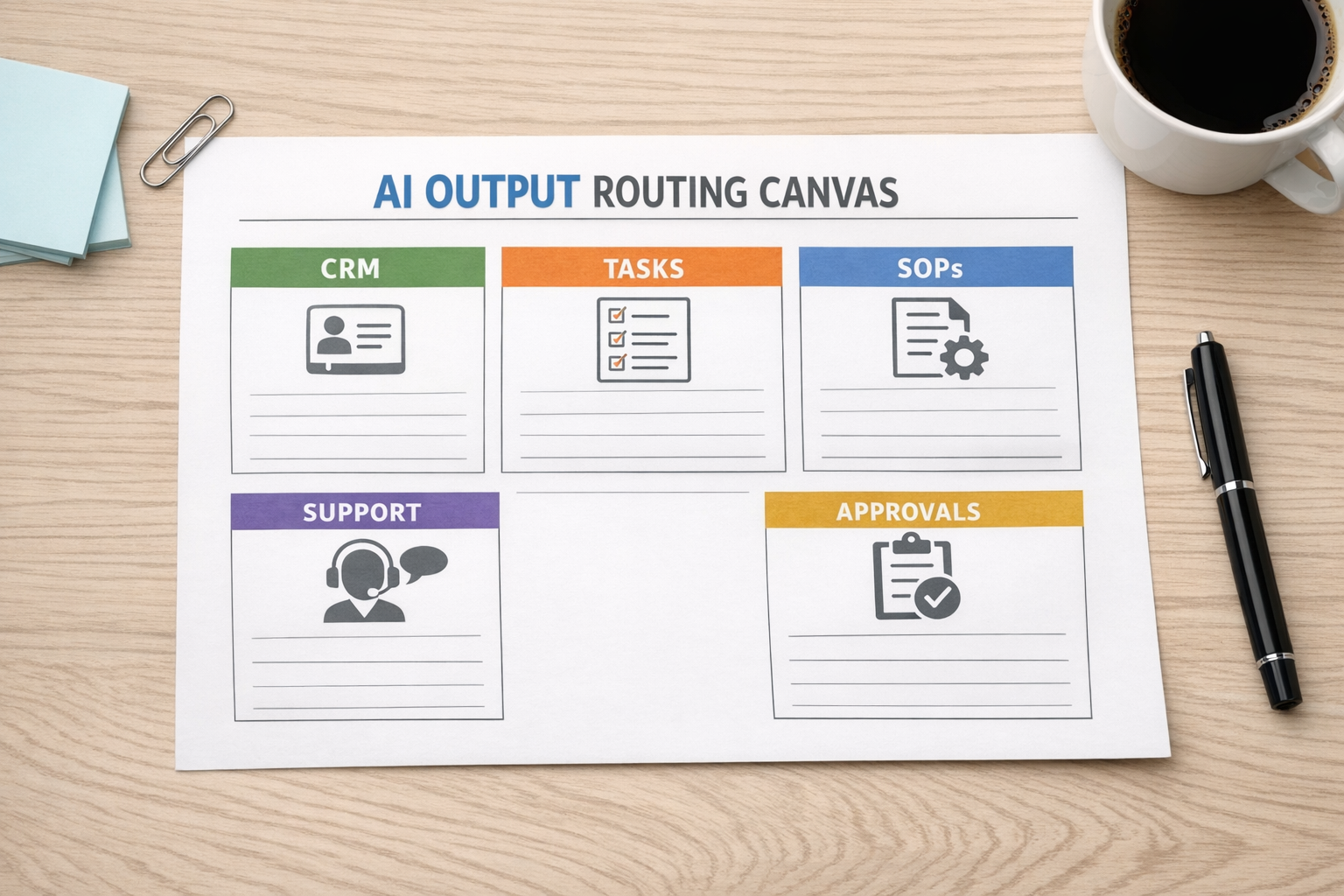 A simple printed worksheet showing where different AI outputs should be routed inside a business.