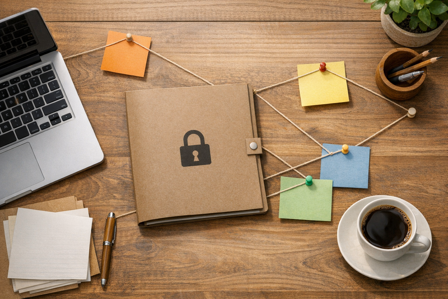 A calm office desk with a laptop, a locked folder, and connected notes representing safe AI access to business systems.
