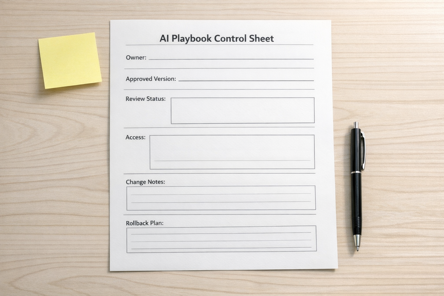 A printed worksheet showing fields for AI instruction owner, approved version, review status, access level, and rollback notes.