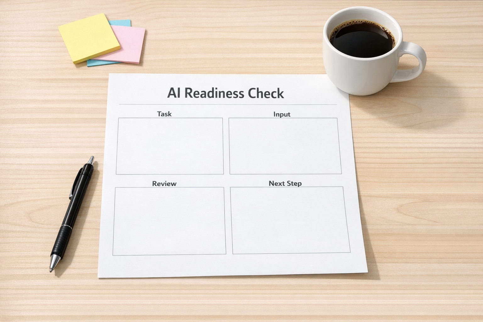 A printed AI workflow readiness worksheet with simple sections for task, input, review, and next step.