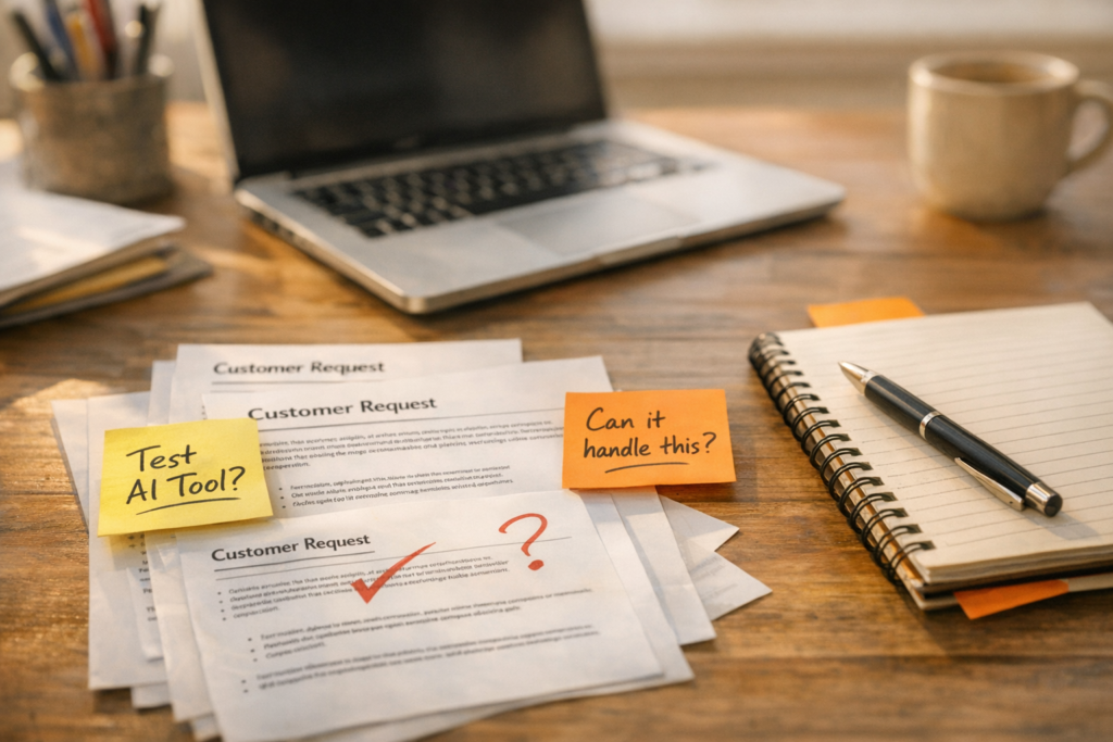 A calm office desk with printed work samples, notes, and a laptop representing practical AI workflow testing.