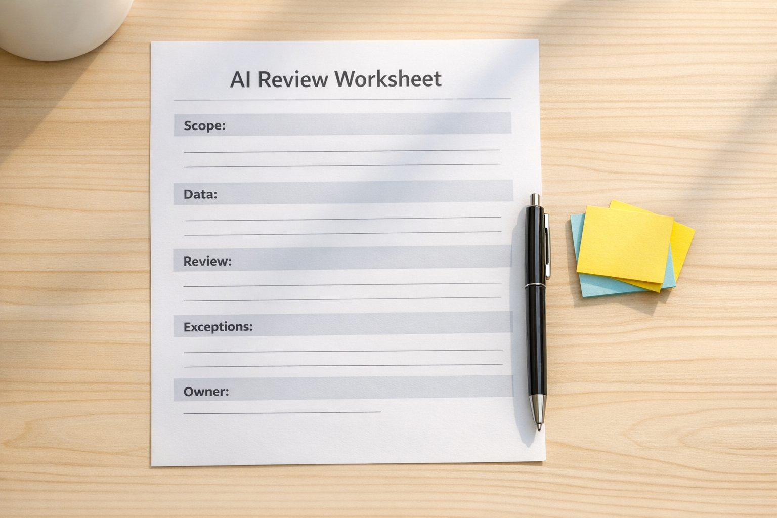 A simple printed worksheet for defining AI workflow scope, data access, review steps, and exception handling.