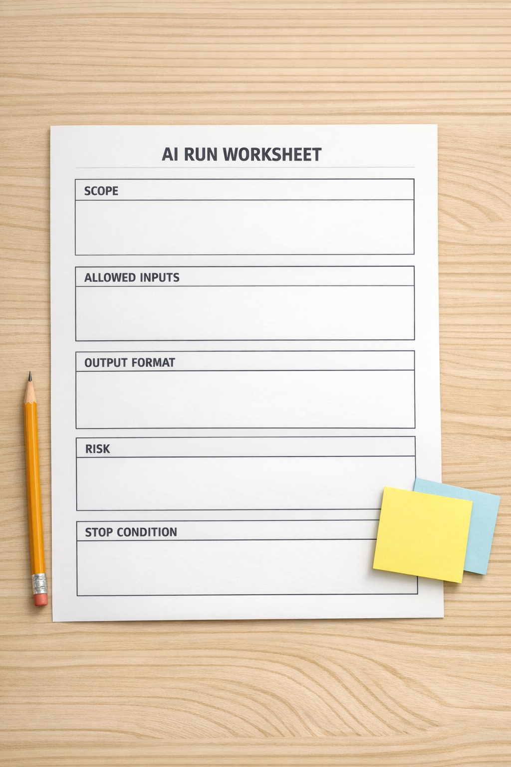 A printed AI run approval worksheet with sections for scope, output, risk, and stop condition.