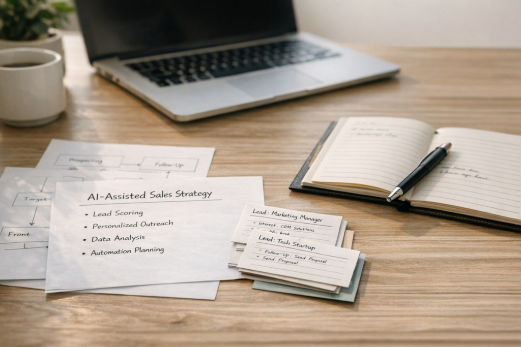 A calm office desk with printed sales notes, lead cards, and a laptop representing planning an AI sales workflow before automation.
