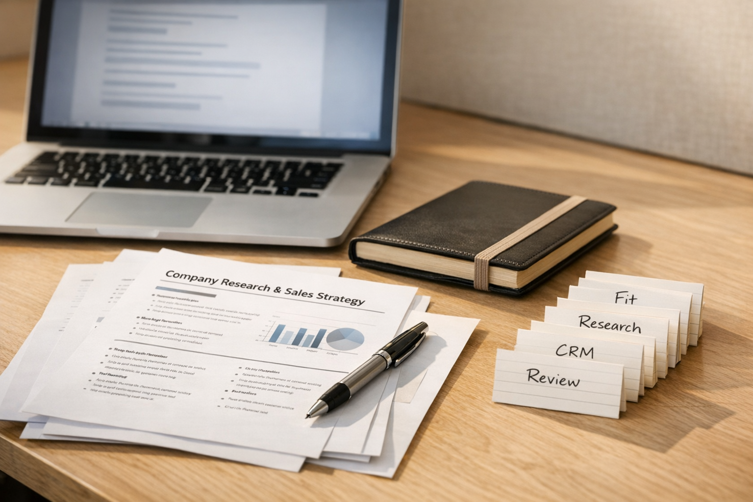 A calm desk scene showing printed company research notes, a laptop, and a pen ready for human review before sales outreach.