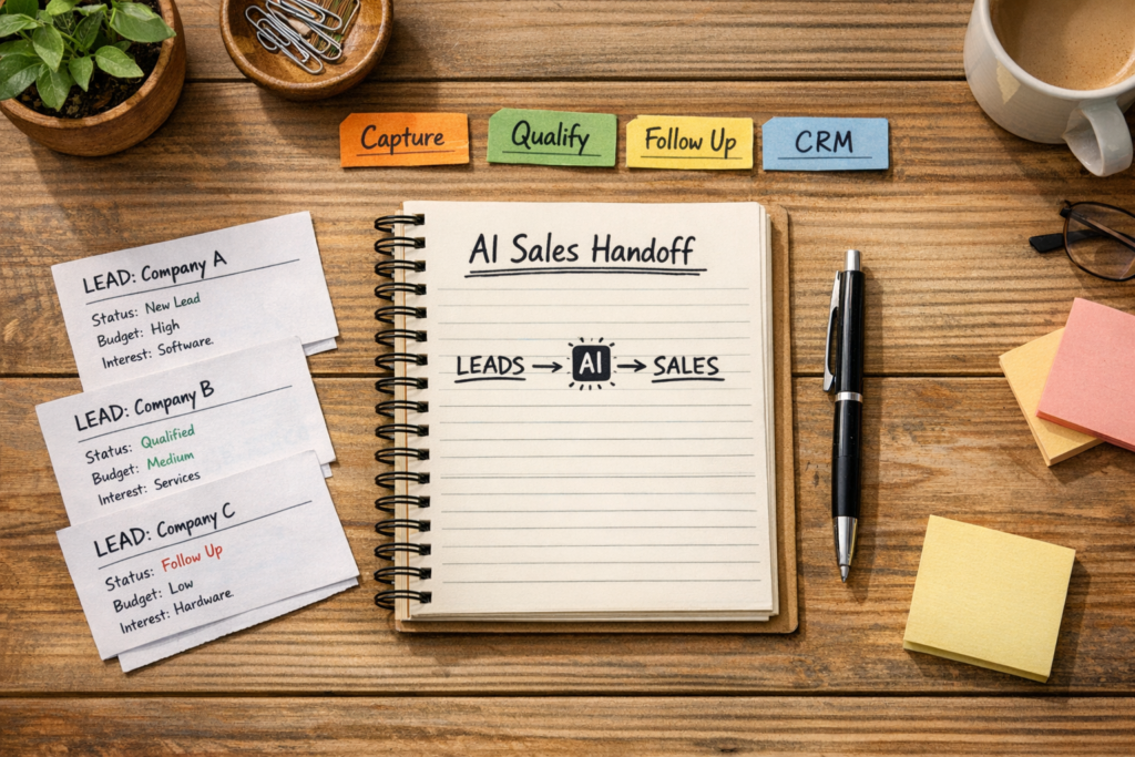 A calm office workbench with lead cards, a notebook, and labeled sales handoff steps arranged in natural light