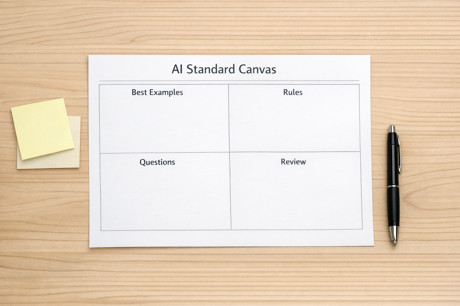 A printed AI standard canvas with sections for best examples, rules, review points, and output format.