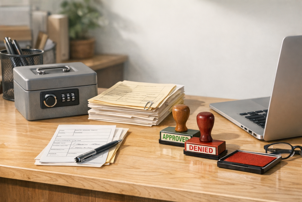 A locked office service counter with support notes and approval stamps, representing guardrails for AI support workflows.