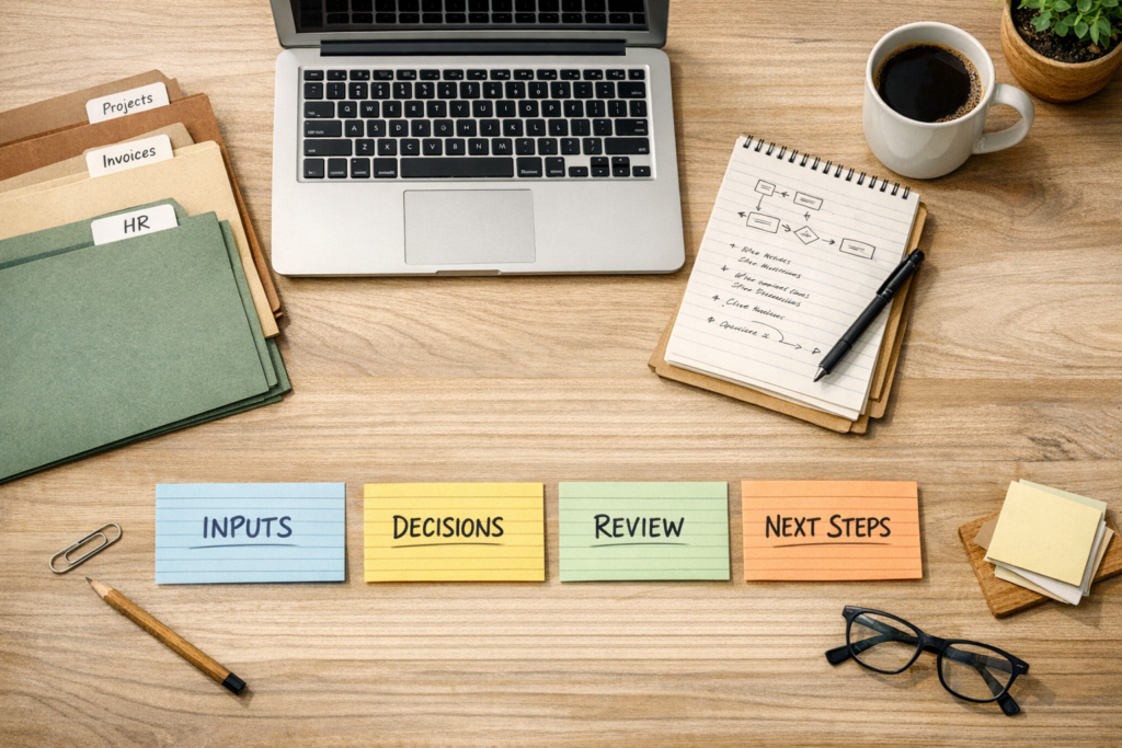 Clean office desk with notes, folders, and a laptop representing an AI system planned around real business work