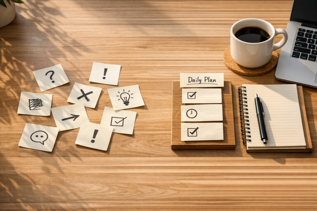 A calm desk scene with scattered task notes being organized into a clear daily work plan.