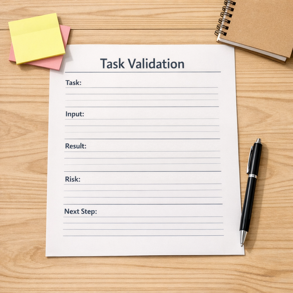A printed AI task validation worksheet with simple sections for task, input, result, risk, and next step.