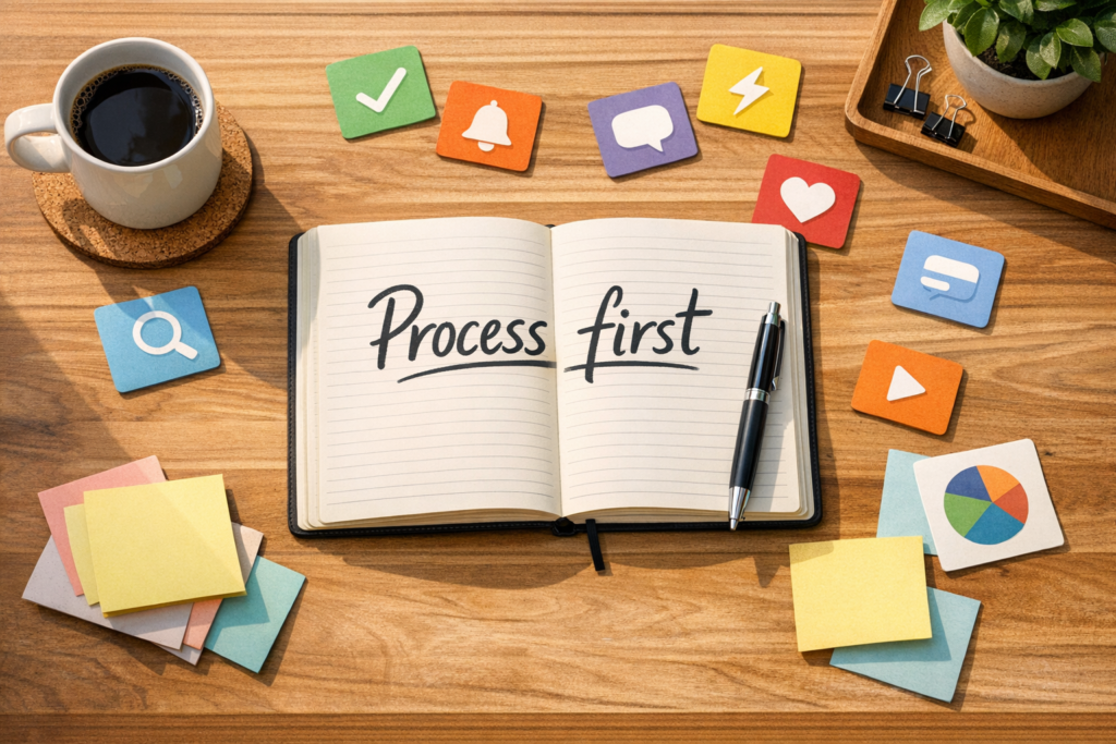 A calm office desk showing scattered app icons on paper around a central notebook labeled process first, representing the need to define workflows before adding AI tools.