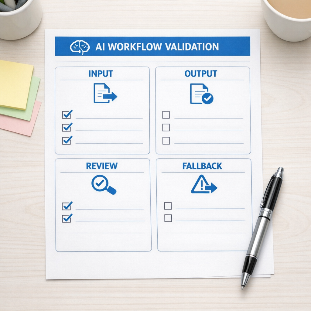 A printed AI workflow validation worksheet with sections for input, output, review, and failure handling.