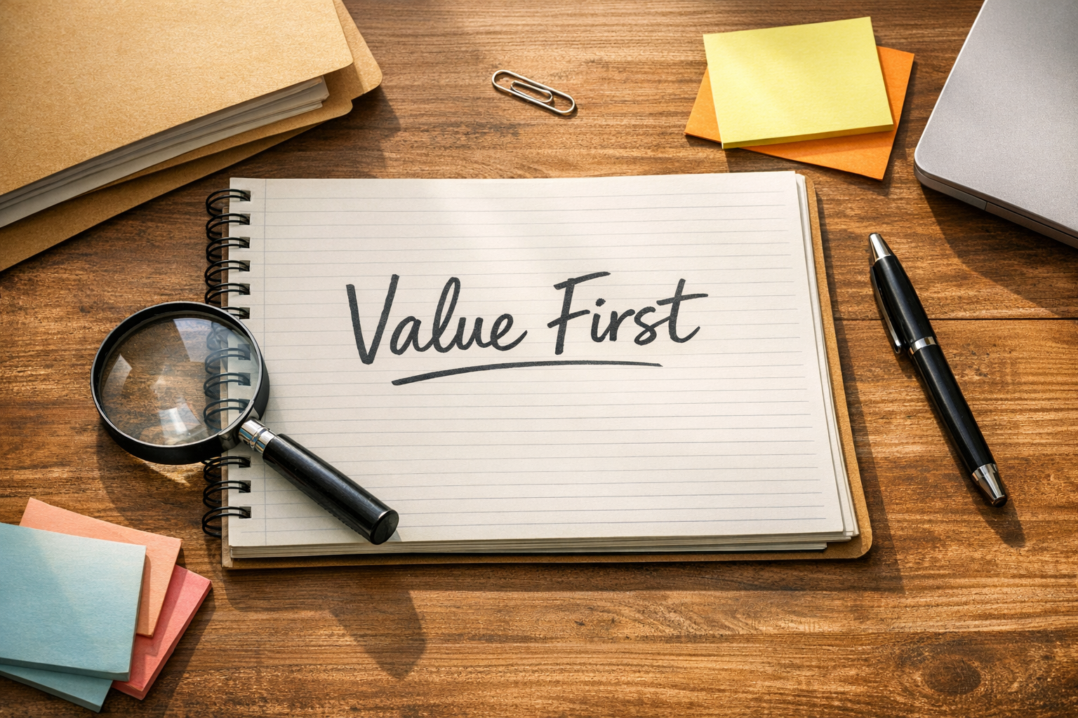 A calm office desk with a magnifying glass over notes about customer value and operational work.