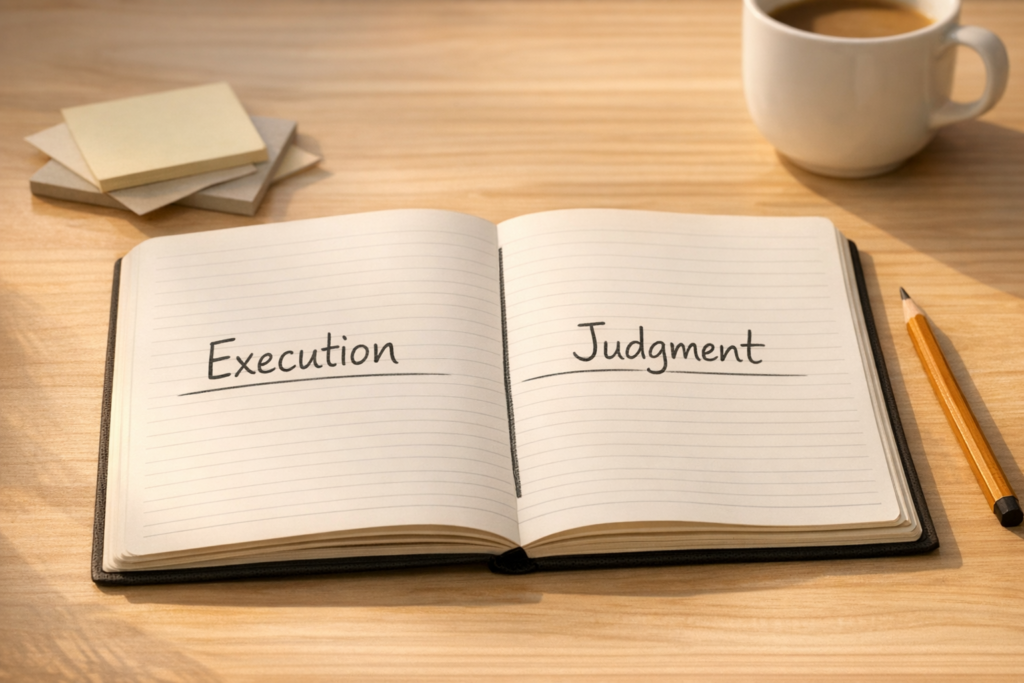 A calm office desk with a notebook, pencil, and two marked areas labeled execution and judgment, representing human control in AI workflows.
