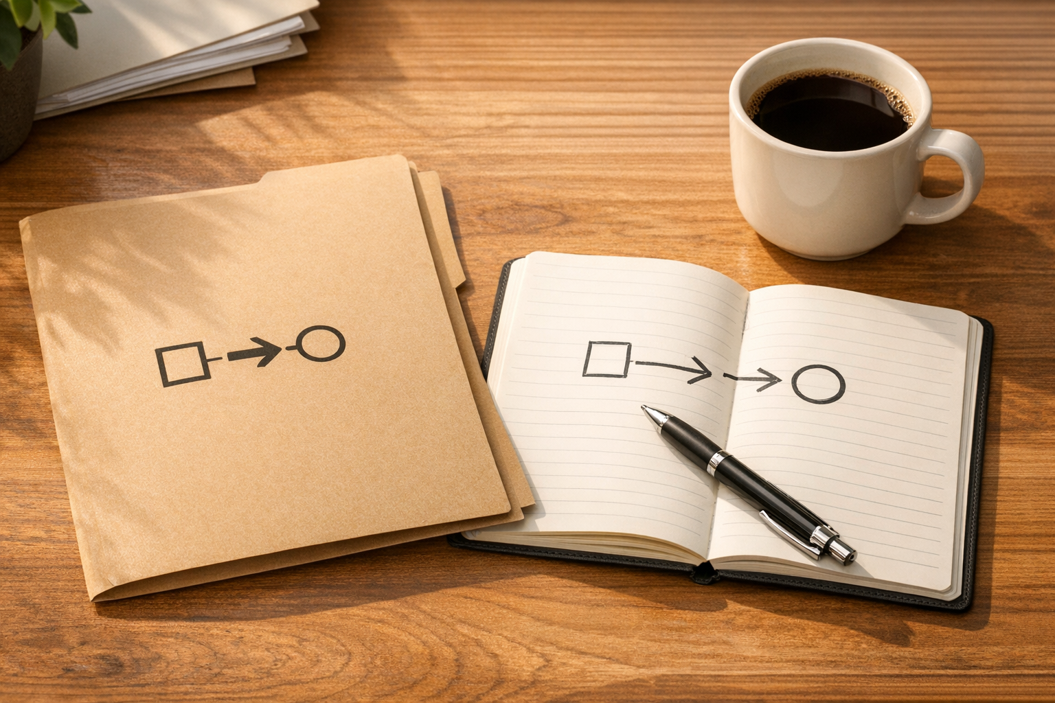 A calm office desk with a single labelled task folder, notebook, and coffee, representing an AI workflow assigned to a clear business job.