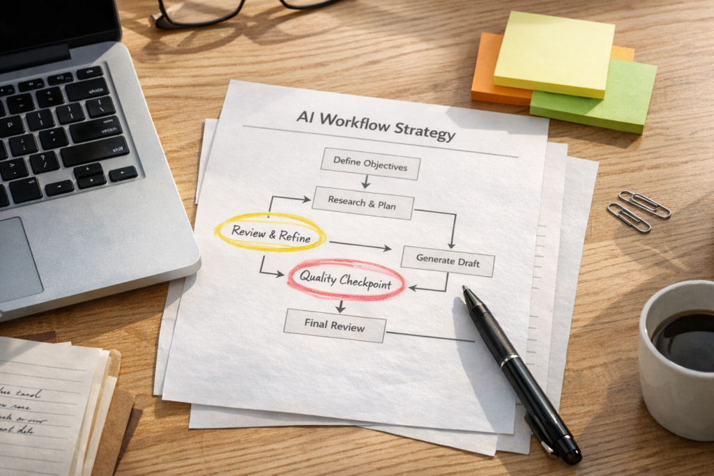 A calm office desk with printed workflow notes, a laptop, and highlighted human review checkpoints for AI automation planning.