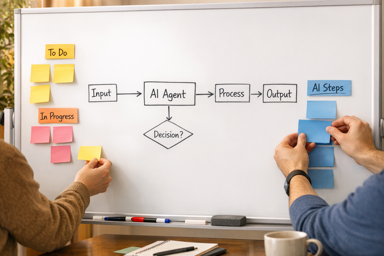 A team workspace with a whiteboard showing an AI workflow planning session using sticky notes and simple handoff labels.