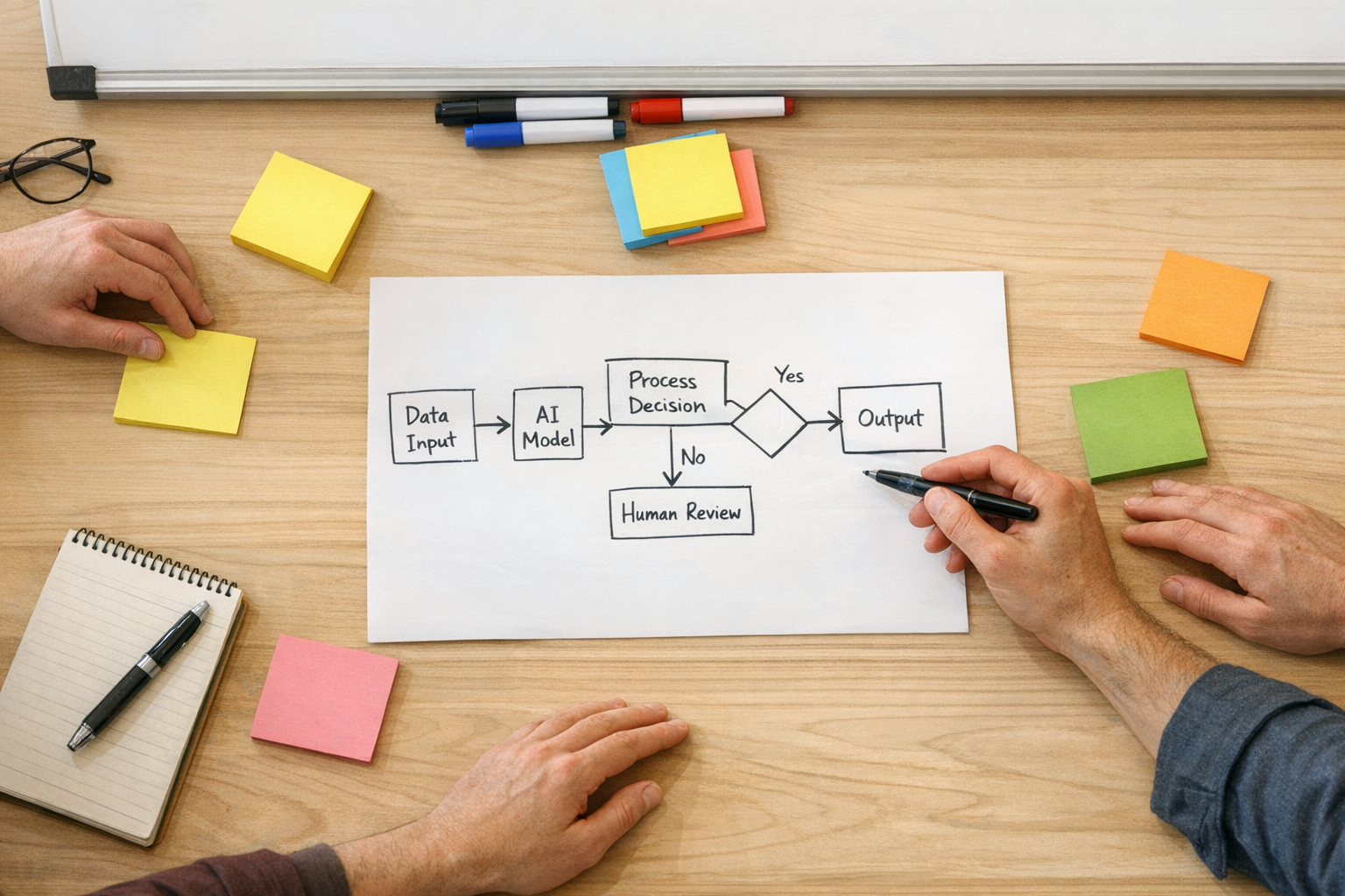 A team planning desk with sticky notes, process sketches, and workspace tools for implementing an AI workflow.