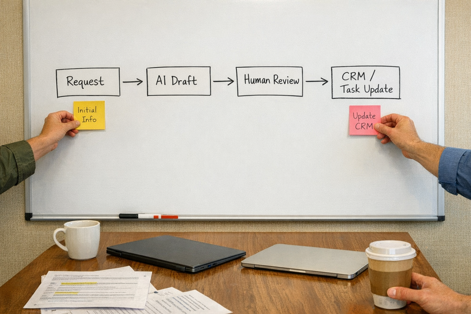 A whiteboard and desk setup showing a practical team planning session for turning repeated AI tasks into workflows.